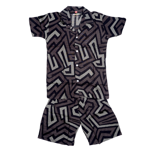 Boys Collared shirt and short set- Green/Black Multi