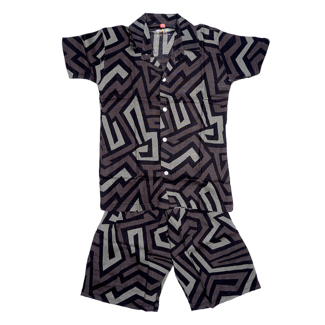 Boys Collared shirt and short set- Green/Black Multi