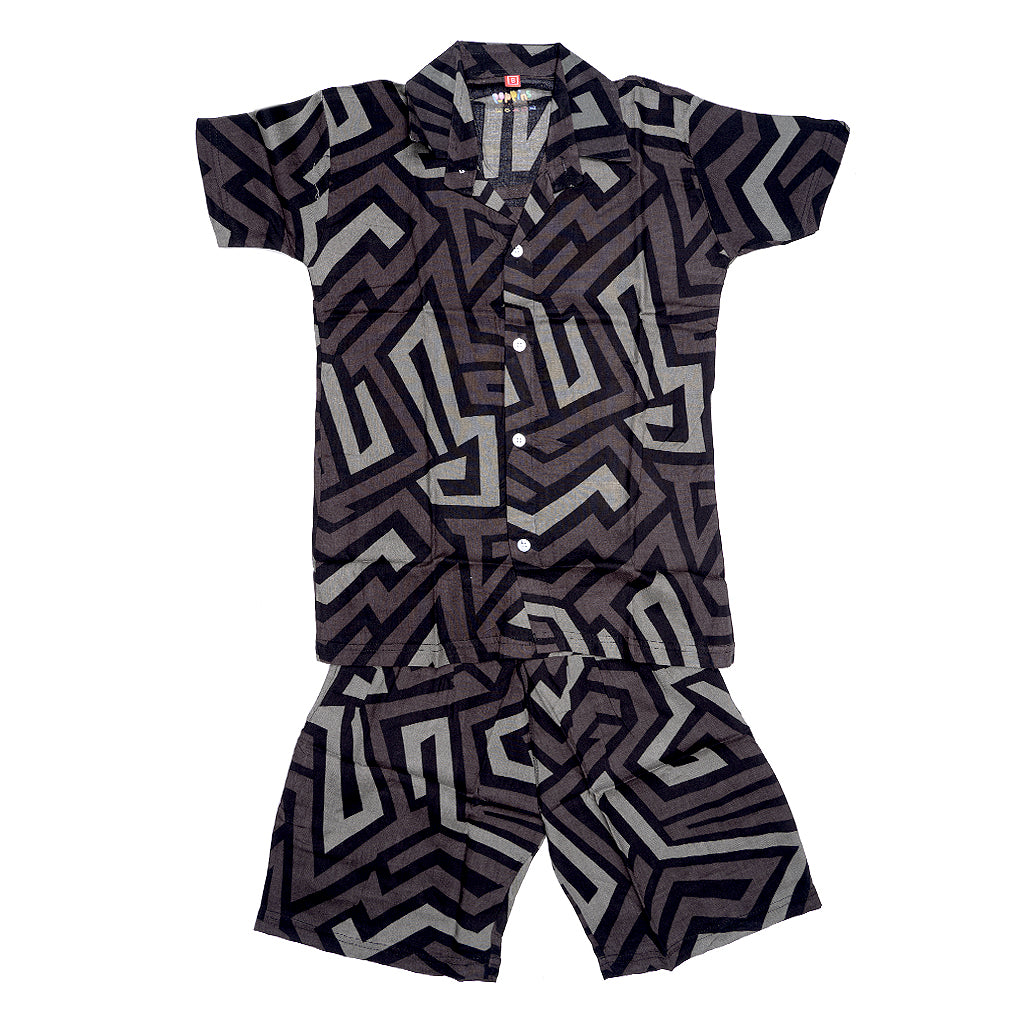 Boys Buttondown short set- Green/Black Multi