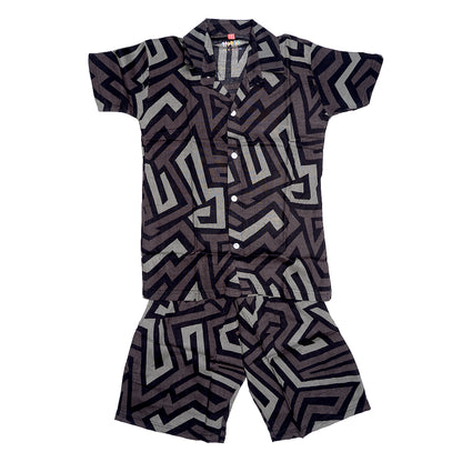 Boys Buttondown short set- Green/Black Multi