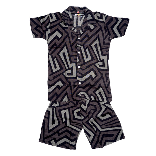 Boys Buttondown short set- Green/Black Multi
