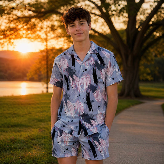 Boys Buttondown short set- Gray Multi