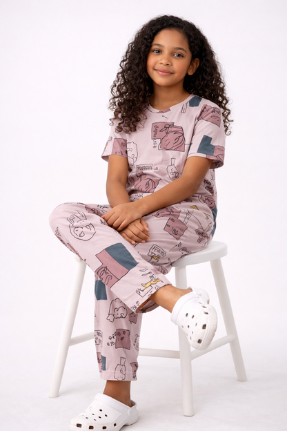 Girls Graphic Co-ord- Mauve