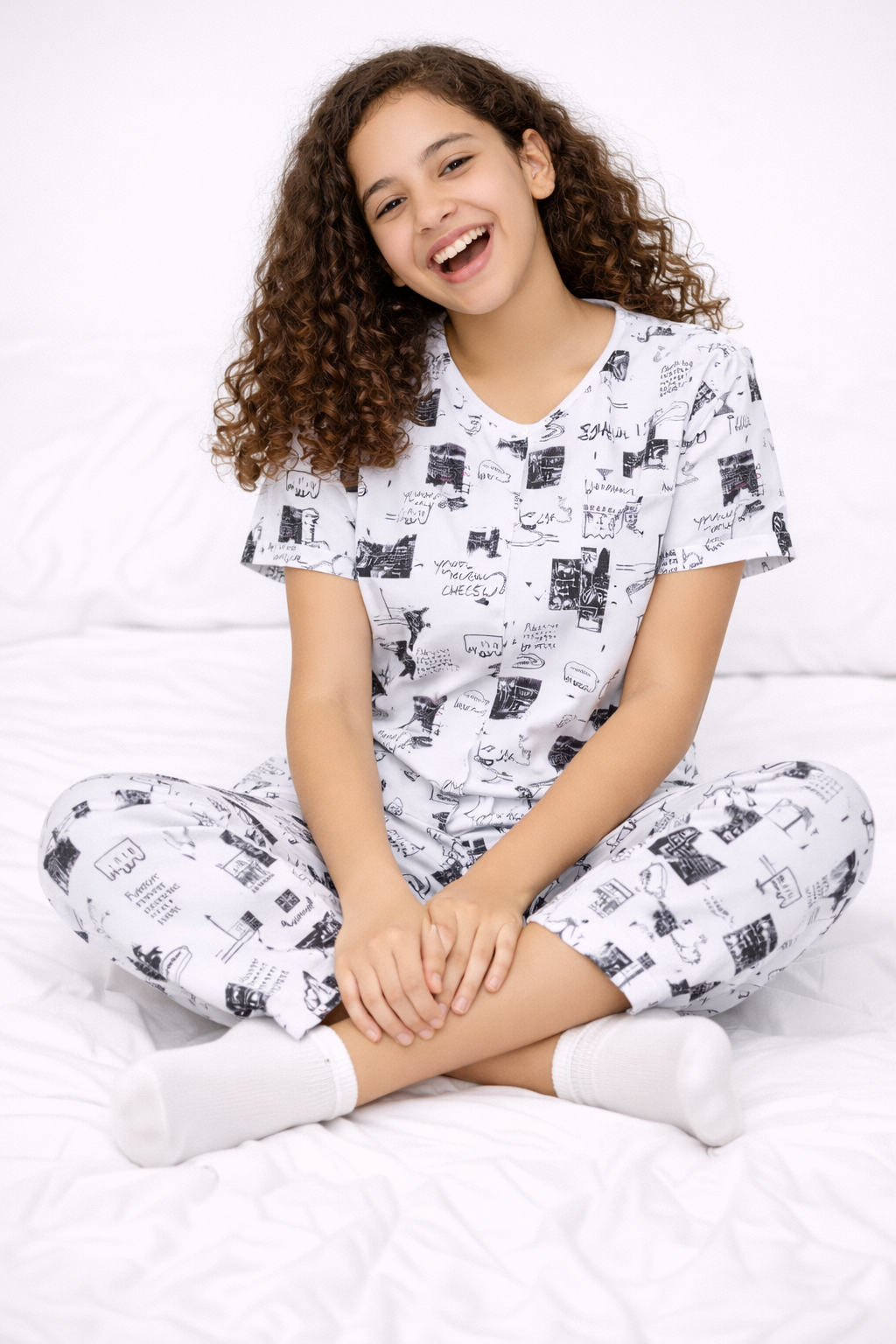 Girls Graphic Co-ord- White